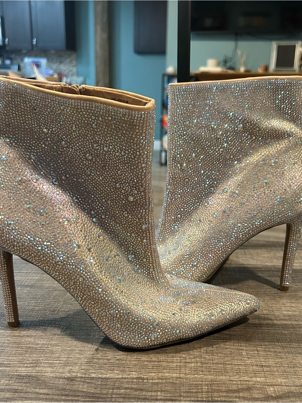 Women's Sparkle Pointed-Toe Stiletto Ankle Boots in Iridescent Beige